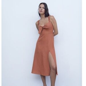 Zara Linen Midi Dress with a Bow - Size Small